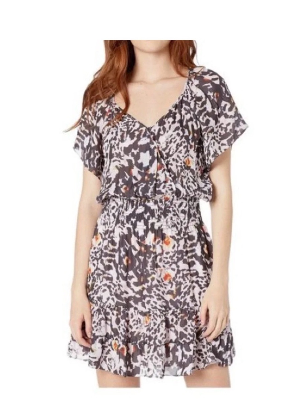Parker Augustine Abstract Print Gray and Orange V-Neck Flutter Dress